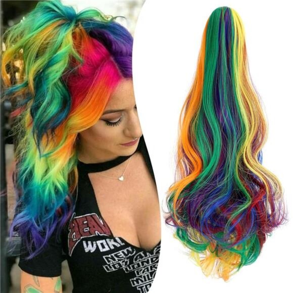 Claw Clip Ponytail Extension for Women Rainbow Colorful